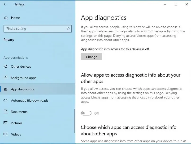 windows 10 app diagnostics settings