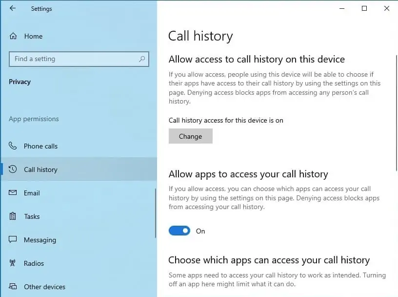 windows 10 call history access