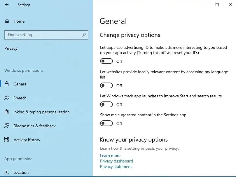 windows 10 fall creator update ad tracking settings