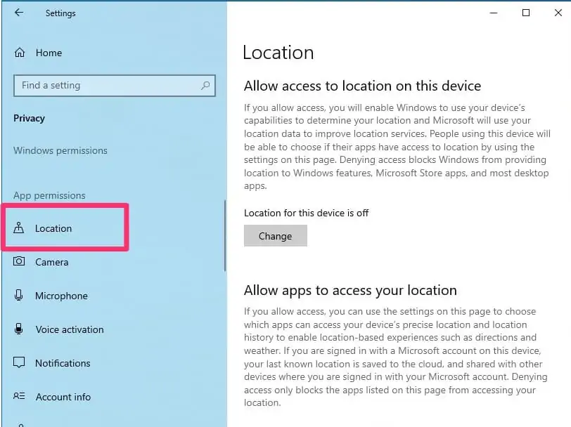 windows 10 fall creator update device location settings