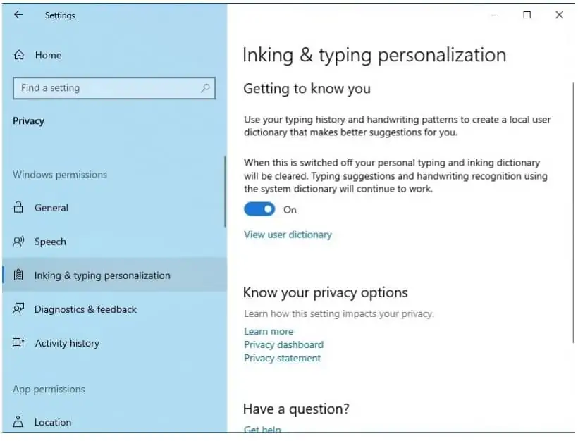 windows 10 inking and typing personalization