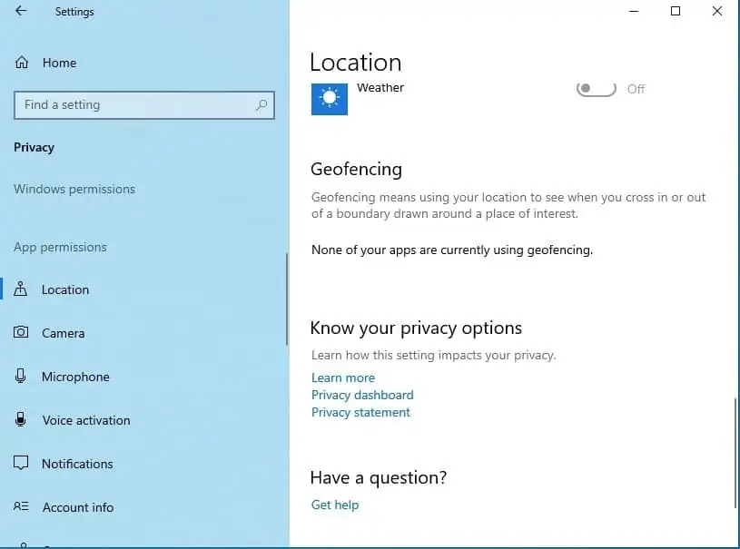 windows 10 location geofencing settings